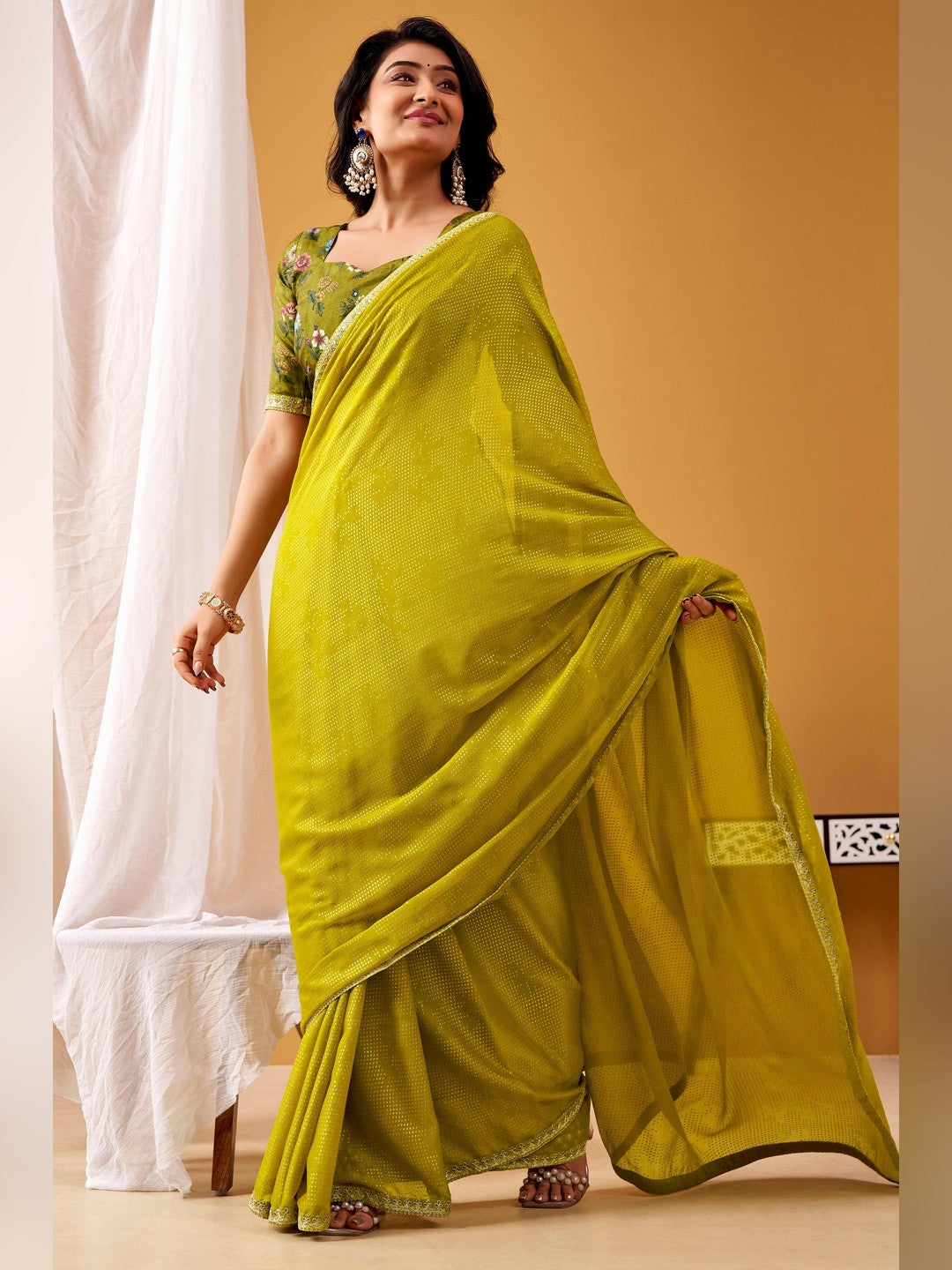 Refreshing Green Chiffon Saree Adorned With Luxe Foil Print & Shimmering Sequins Embroidery Border - Image 3