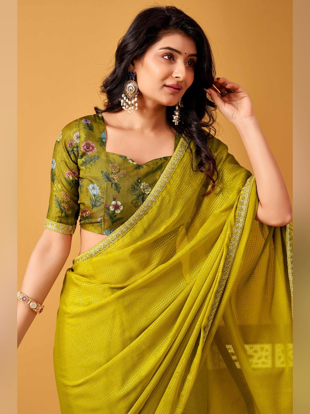 Refreshing Green Chiffon Saree Adorned With Luxe Foil Print & Shimmering Sequins Embroidery Border - Image 4