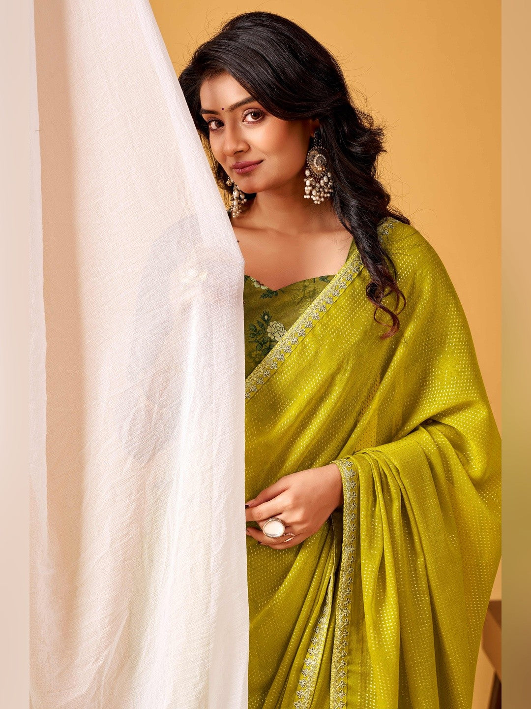 Refreshing Green Chiffon Saree Adorned With Luxe Foil Print & Shimmering Sequins Embroidery Border - Image 5