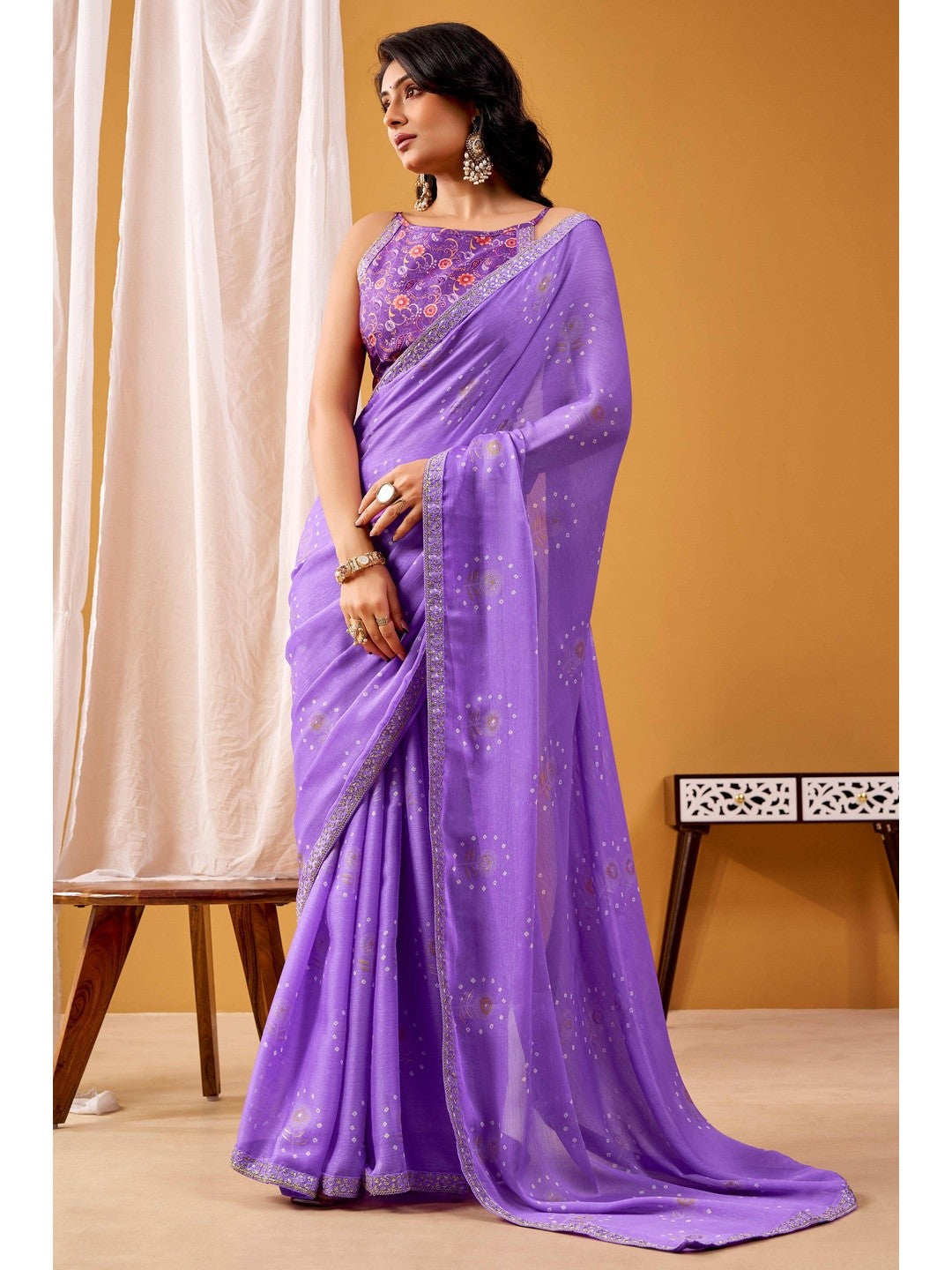 Elegant Lavender Floral & Bandhani Foil Print Chiffon Saree With Delicate Sequins Embroidery Border - Image 1