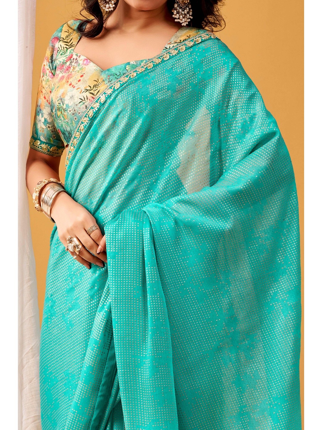 Radiant Turquoise Foil Printed Chiffon Saree Accented With Elegant Sequins Embroidered Border Work - Image 4