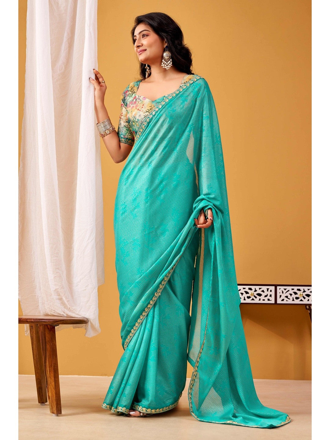 Radiant Turquoise Foil Printed Chiffon Saree Accented With Elegant Sequins Embroidered Border Work - Image 3