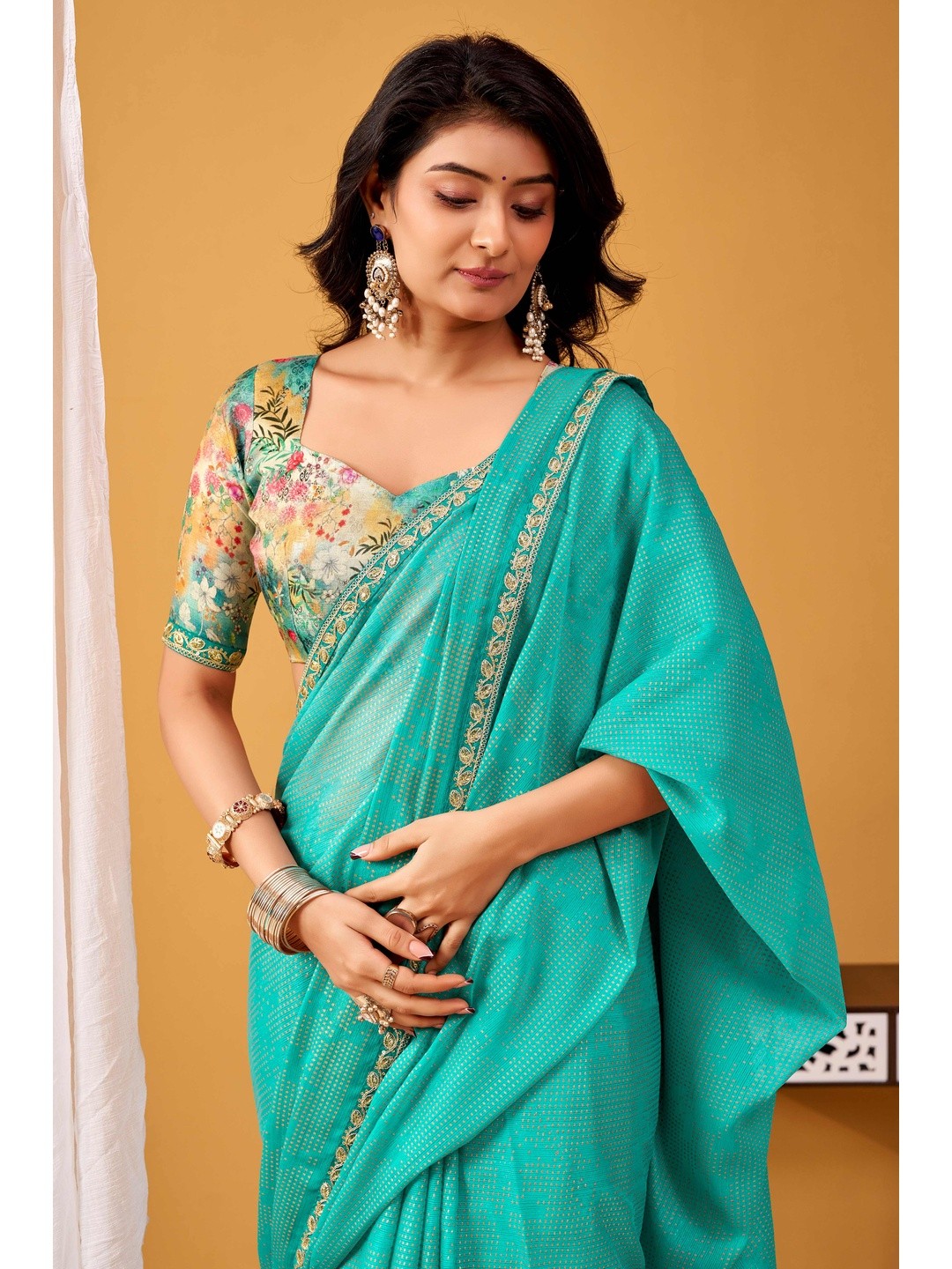 Radiant Turquoise Foil Printed Chiffon Saree Accented With Elegant Sequins Embroidered Border Work - Image 6