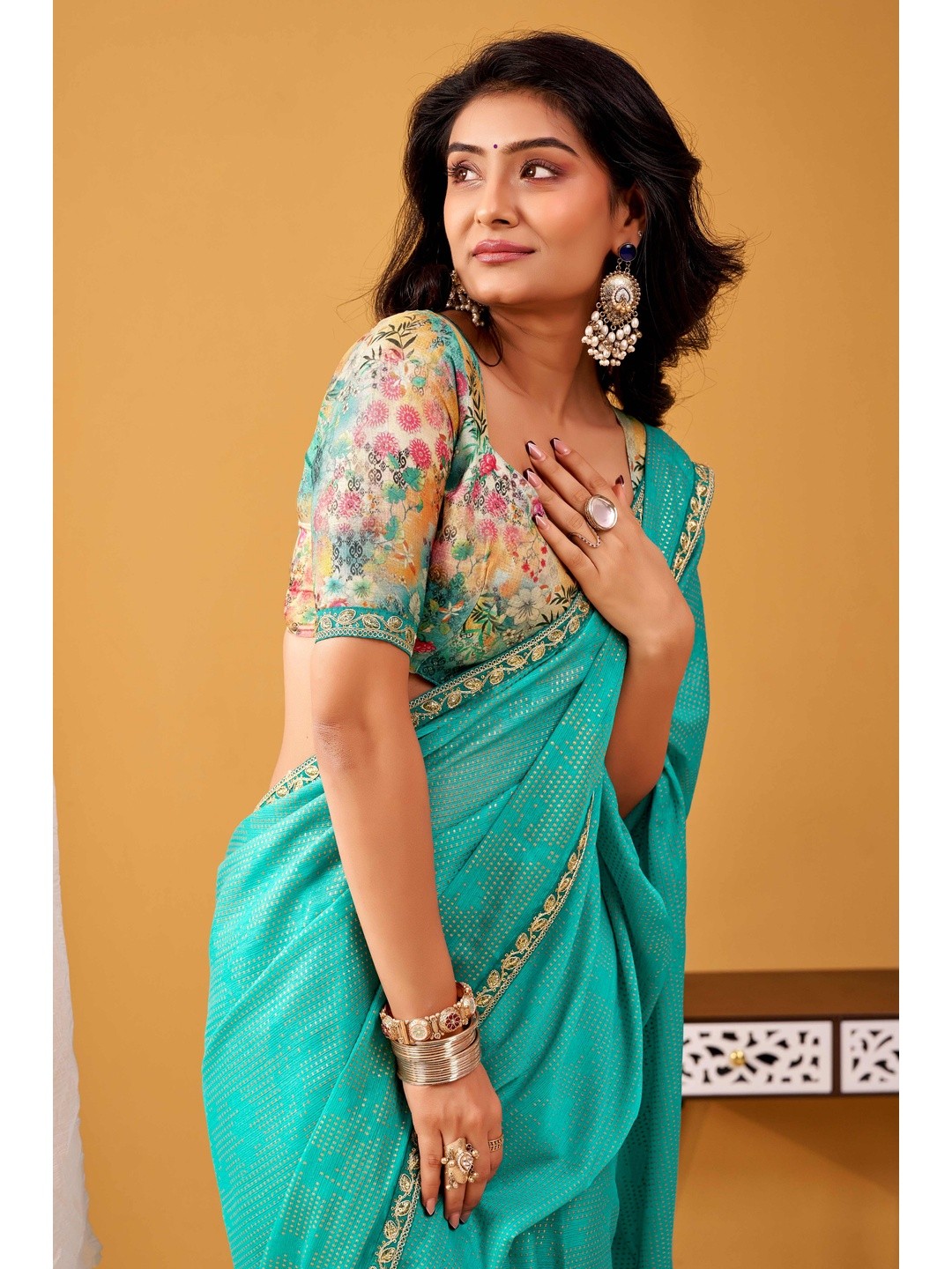 Radiant Turquoise Foil Printed Chiffon Saree Accented With Elegant Sequins Embroidered Border Work - Image 5