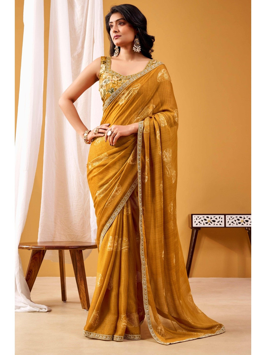 Rich Brown Chiffon Saree Featuring Luxe Foil Print & Refined Sequins Embroidery Border - Image 1