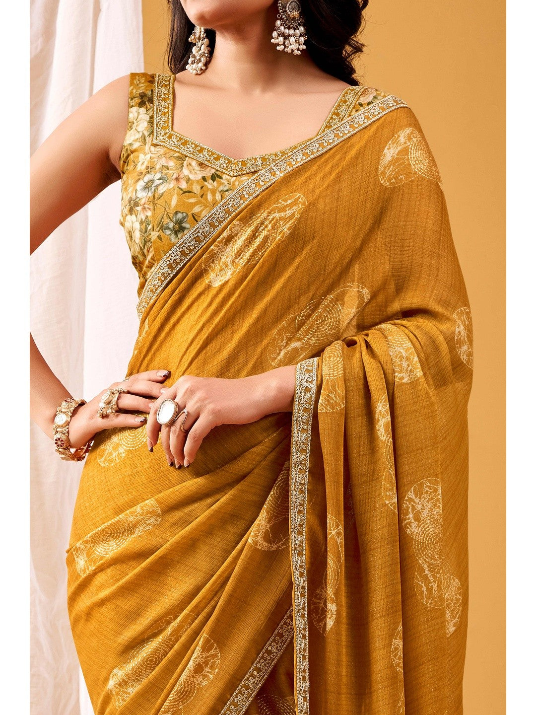Rich Brown Chiffon Saree Featuring Luxe Foil Print & Refined Sequins Embroidery Border - Image 2