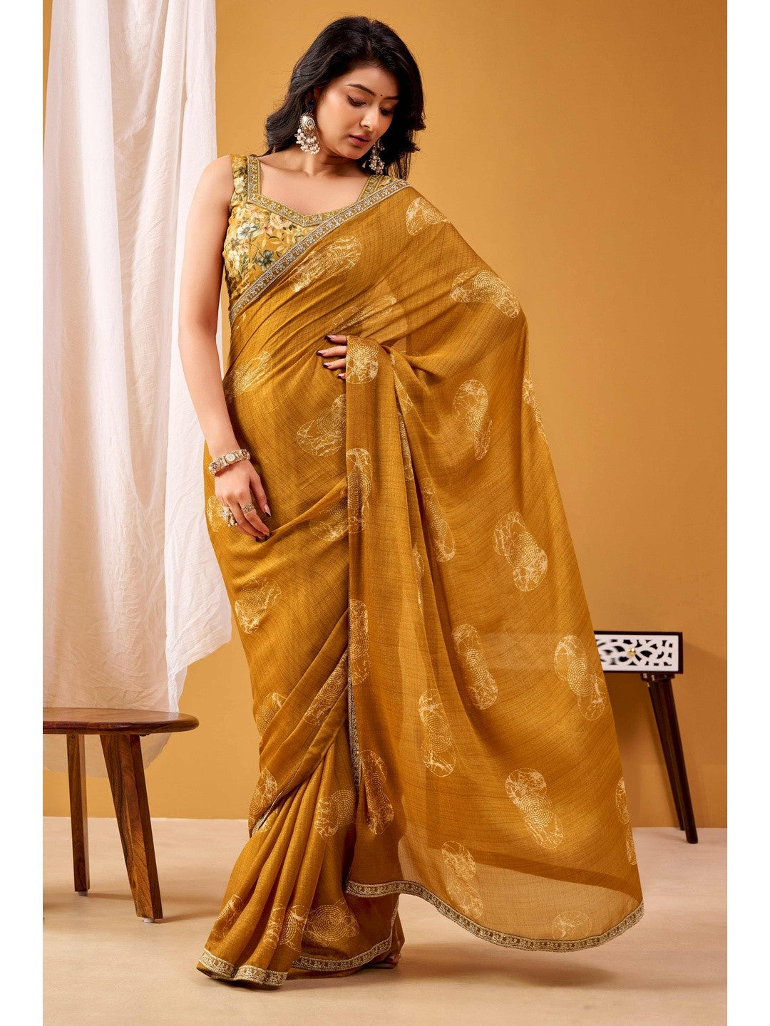 Rich Brown Chiffon Saree Featuring Luxe Foil Print & Refined Sequins Embroidery Border - Image 3