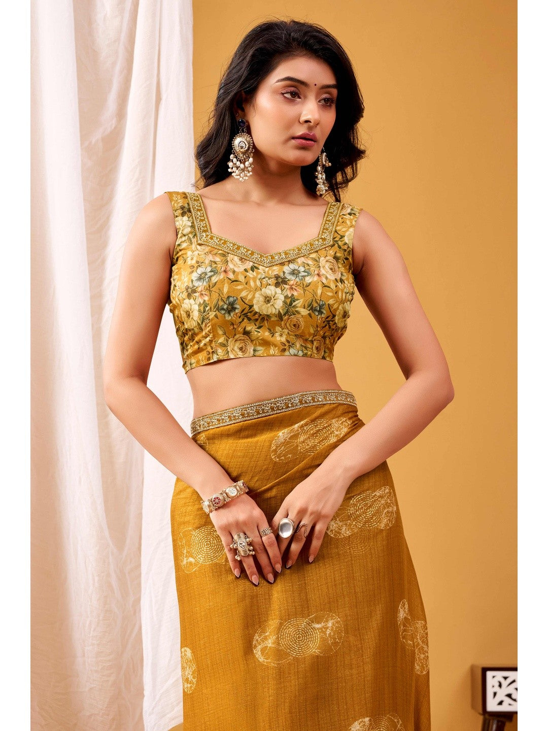 Rich Brown Chiffon Saree Featuring Luxe Foil Print & Refined Sequins Embroidery Border - Image 3