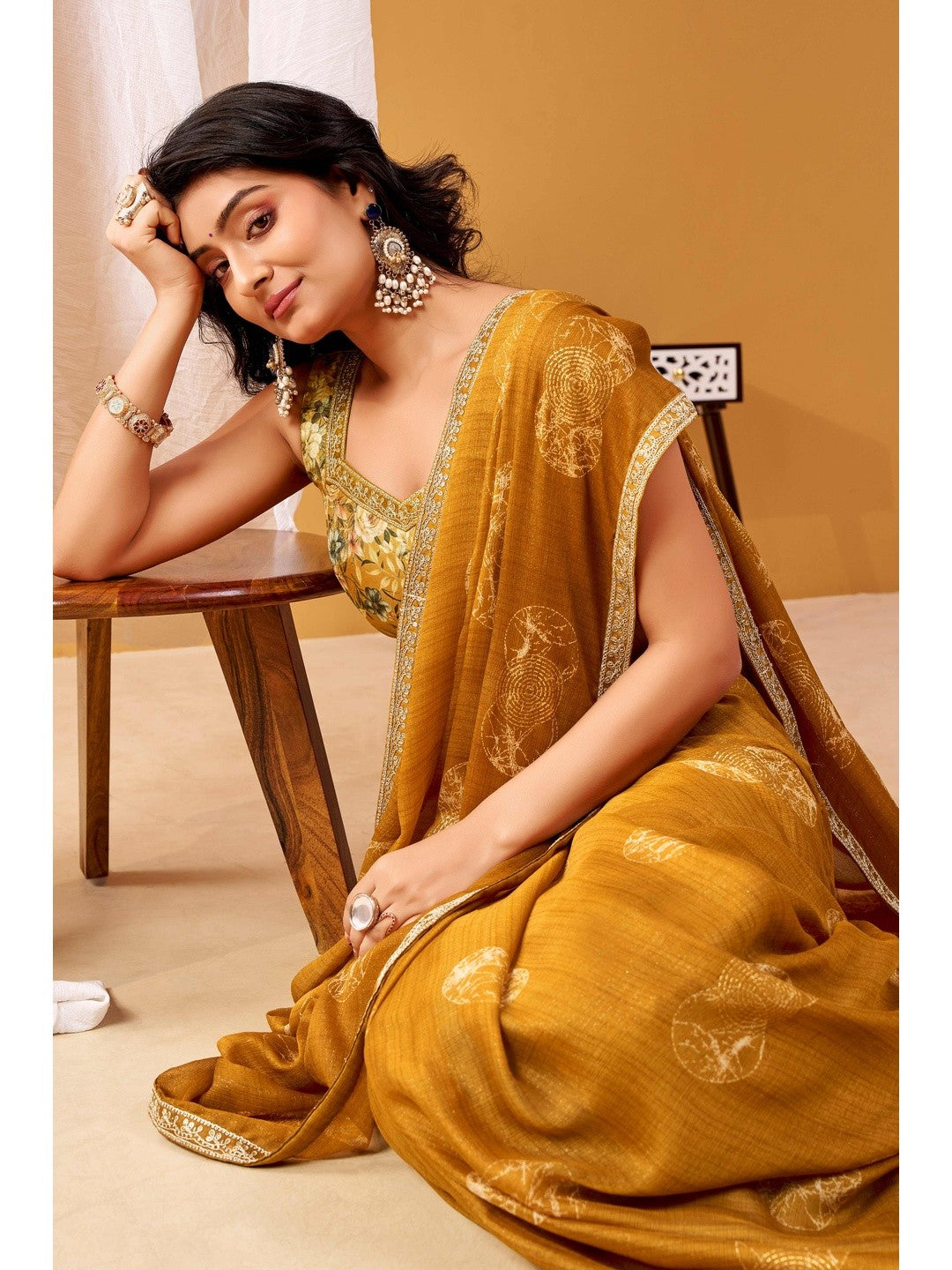 Rich Brown Chiffon Saree Featuring Luxe Foil Print & Refined Sequins Embroidery Border - Image 4