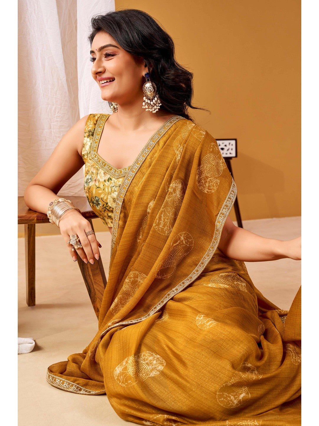 Rich Brown Chiffon Saree Featuring Luxe Foil Print & Refined Sequins Embroidery Border - Image 5