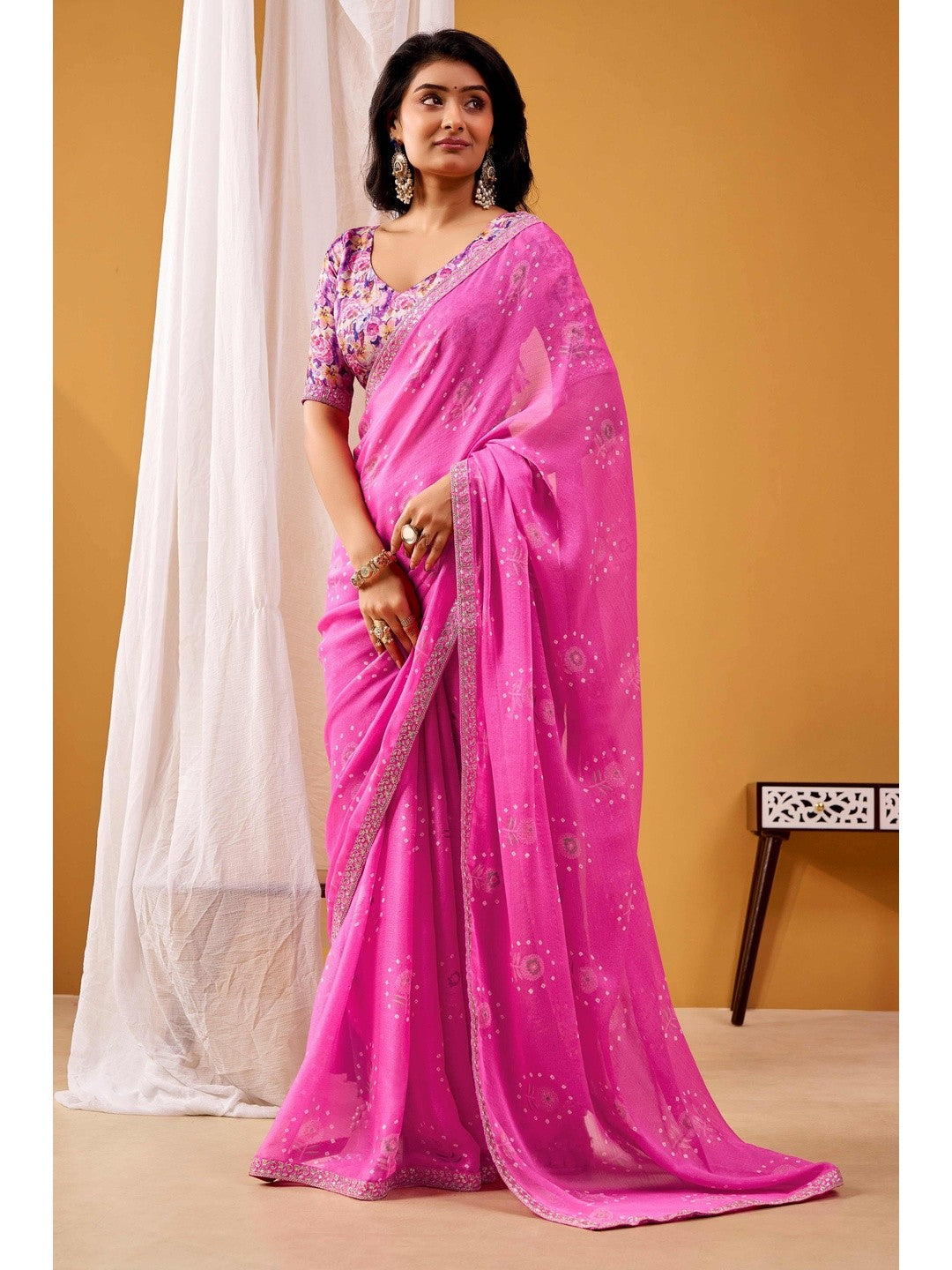 Soft Pink Floral & Bandhani Foil Printed Chiffon Saree Enhanced By Fine Sequins Embroidered Border - Image 1