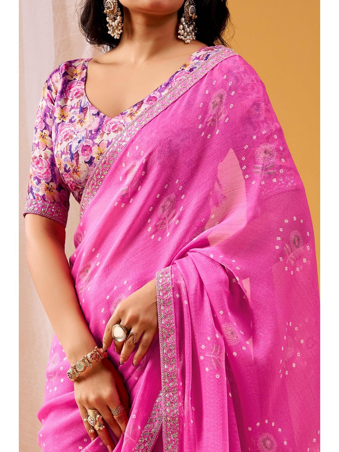 Soft Pink Floral & Bandhani Foil Printed Chiffon Saree Enhanced By Fine Sequins Embroidered Border - Image 4