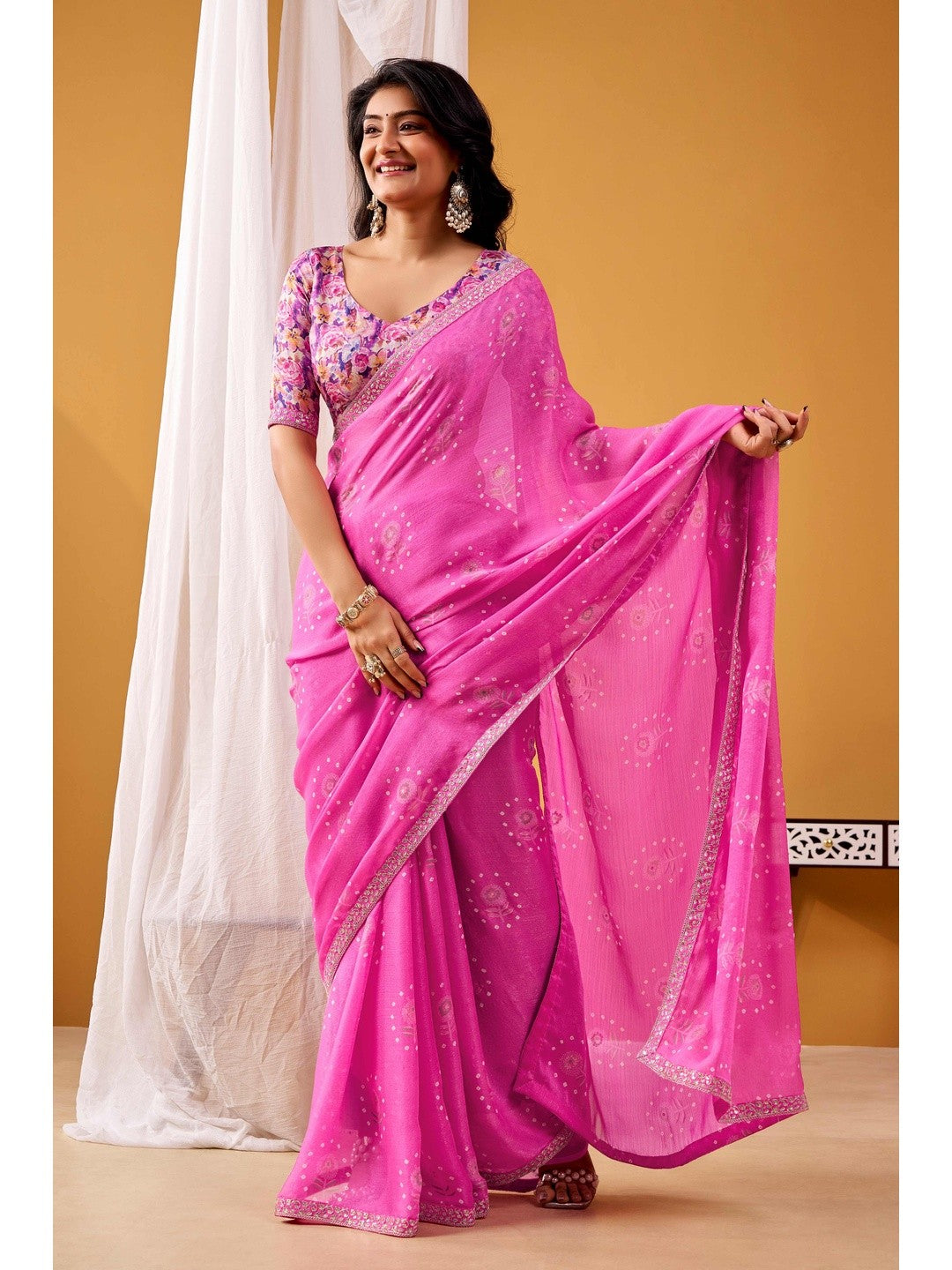 Soft Pink Floral & Bandhani Foil Printed Chiffon Saree Enhanced By Fine Sequins Embroidered Border - Image 5