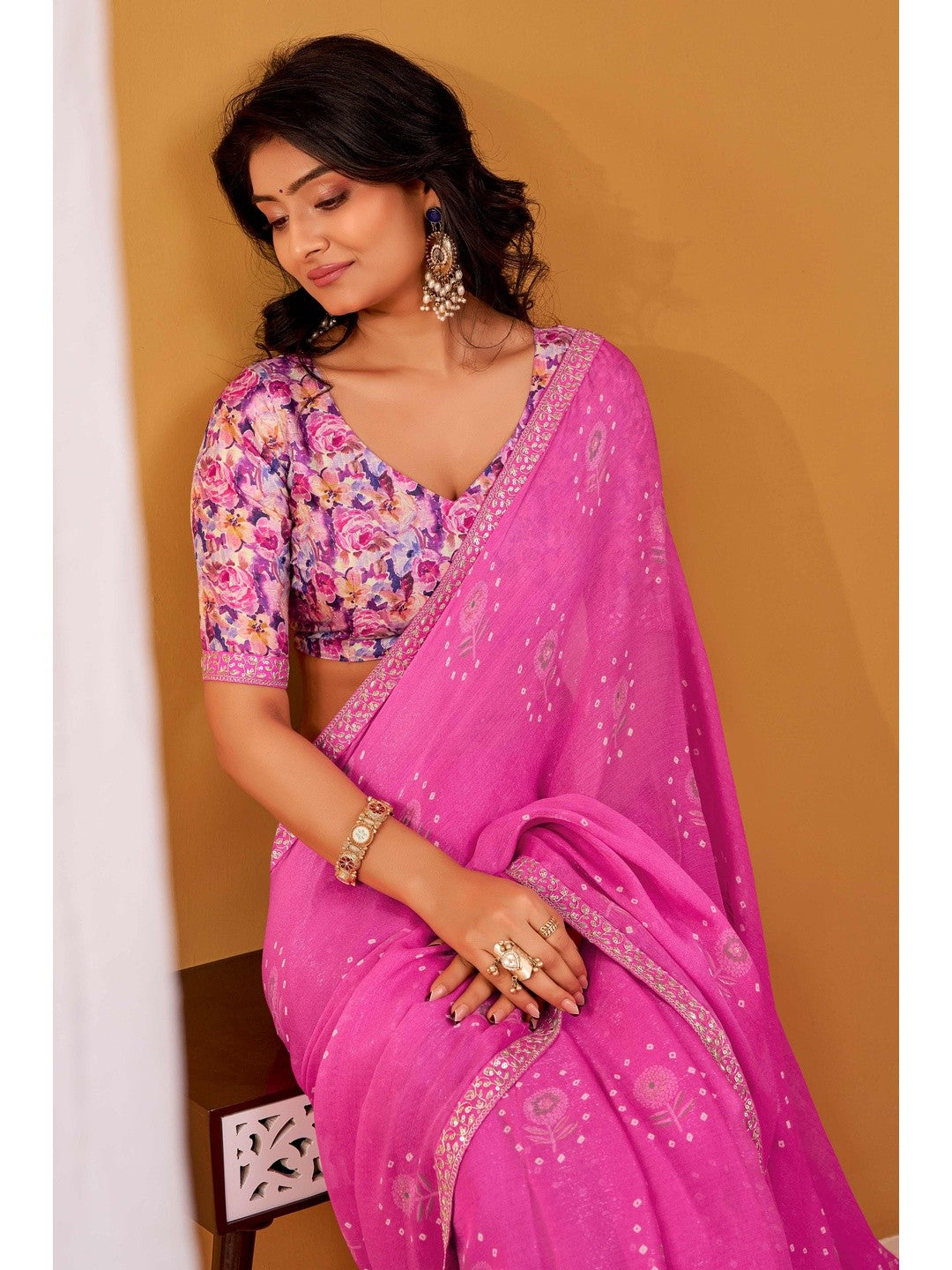 Soft Pink Floral & Bandhani Foil Printed Chiffon Saree Enhanced By Fine Sequins Embroidered Border - Image 2