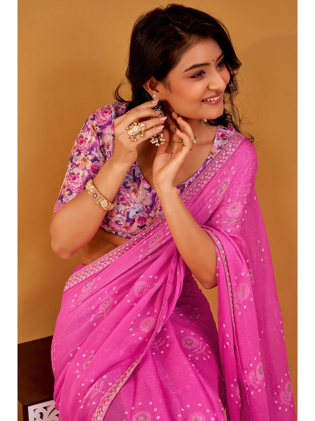 Soft Pink Floral & Bandhani Foil Printed Chiffon Saree Enhanced By Fine Sequins Embroidered Border - Image 3