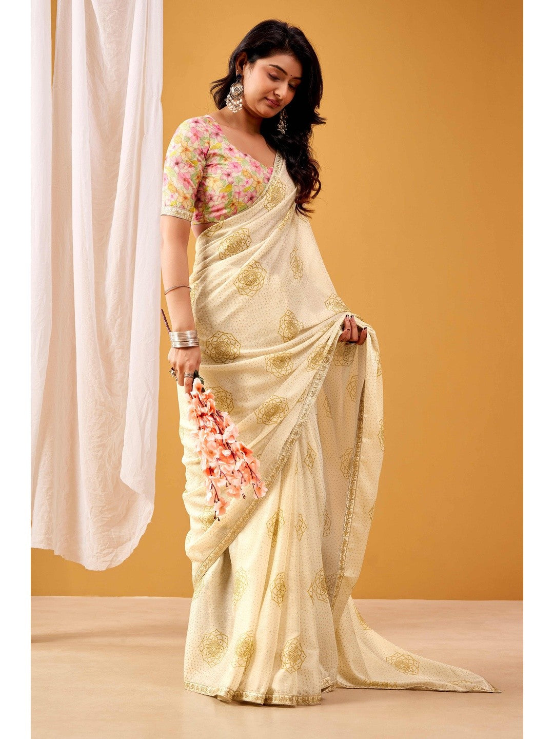 Timeless Cream Bandhani Foil Print Chiffon Saree Finished With Delicate Sequins Embroidery Border - Image 1