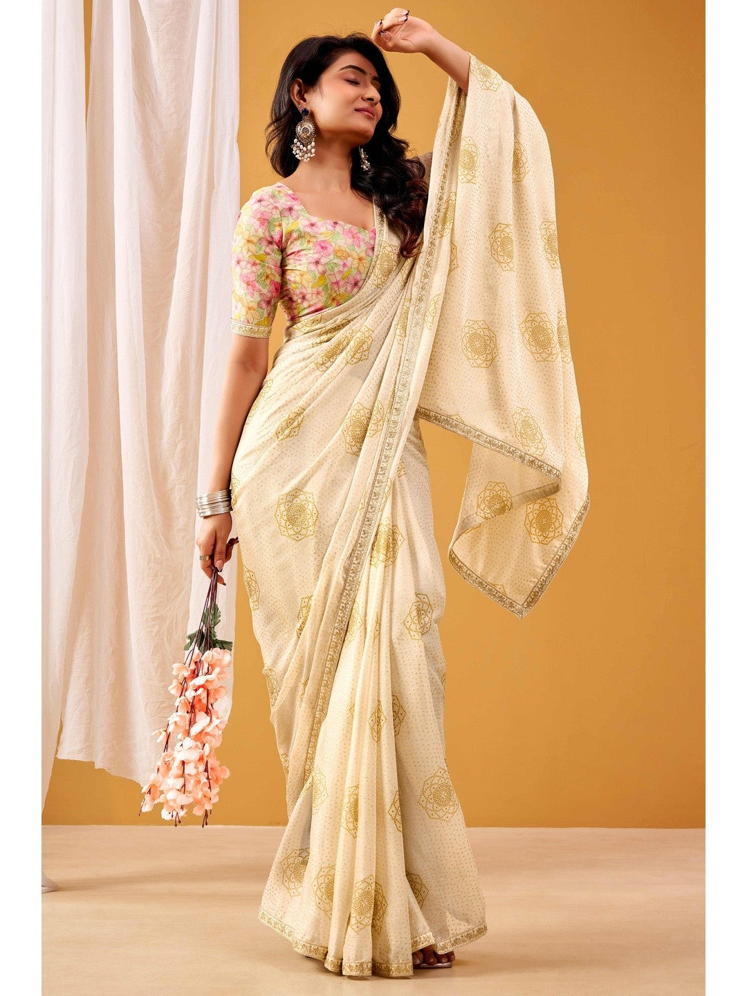 Timeless Cream Bandhani Foil Print Chiffon Saree Finished With Delicate Sequins Embroidery Border - Image 3