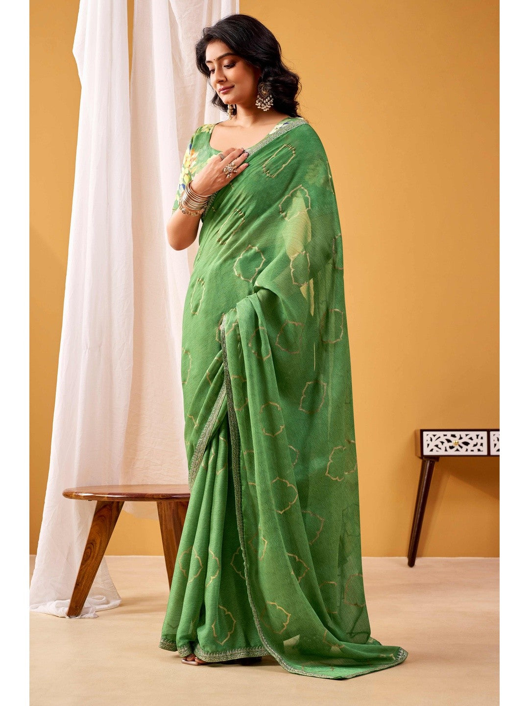 Ethereal Green Foil Printed Chiffon Saree Highlighted By Luxe Sequins Embroidered Border - Image 1