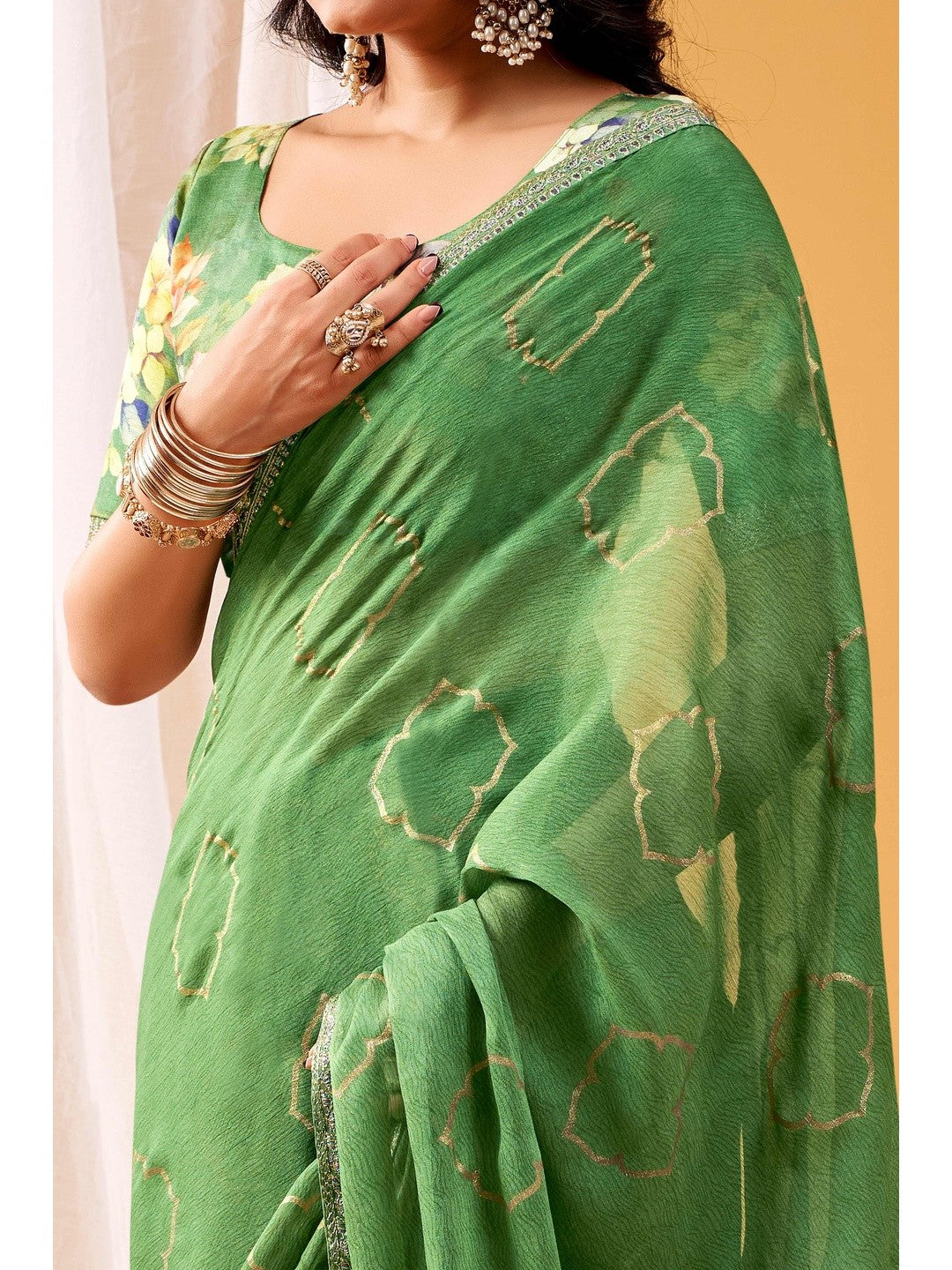 Ethereal Green Foil Printed Chiffon Saree Highlighted By Luxe Sequins Embroidered Border - Image 3