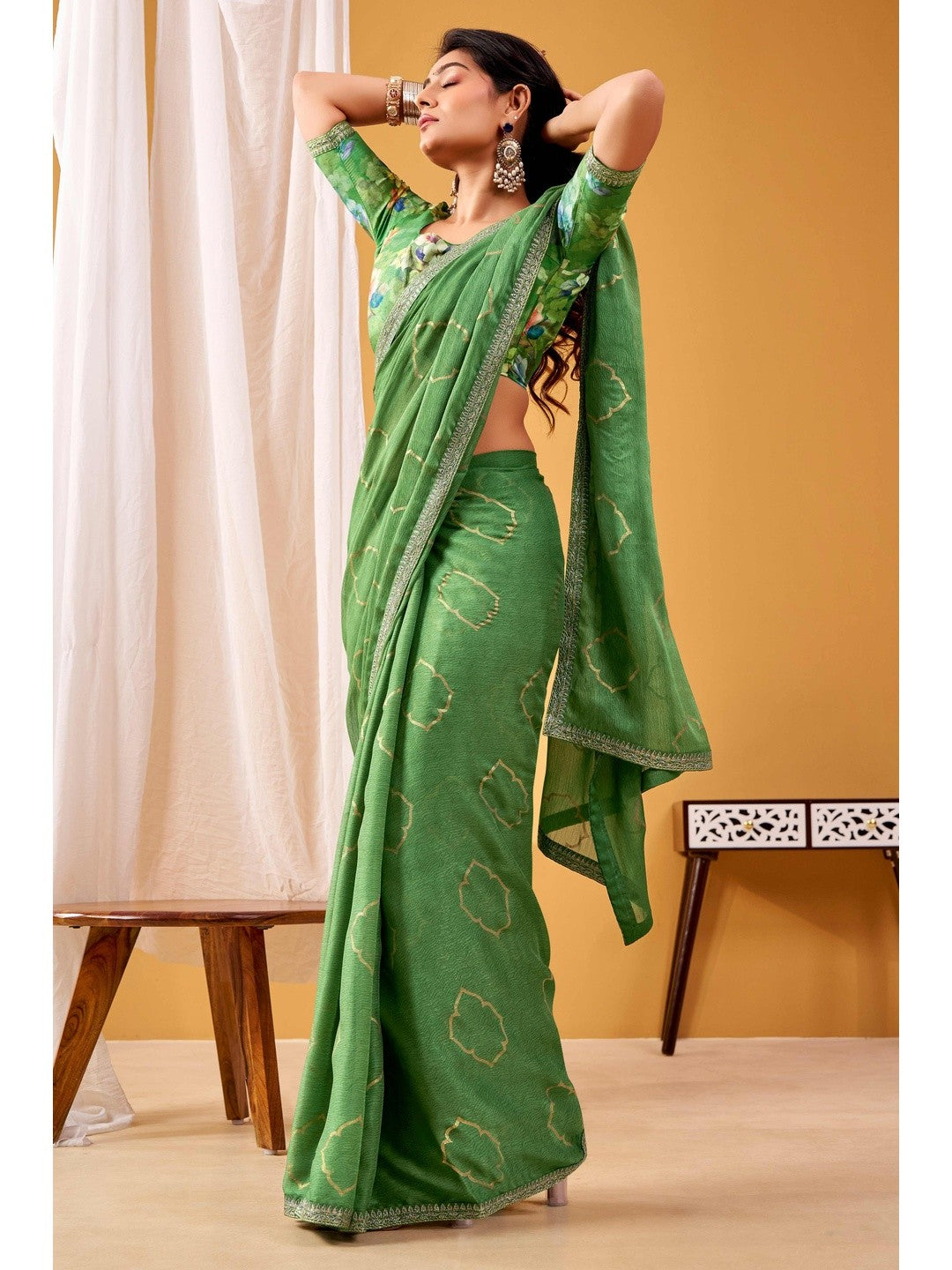 Ethereal Green Foil Printed Chiffon Saree Highlighted By Luxe Sequins Embroidered Border - Image 3