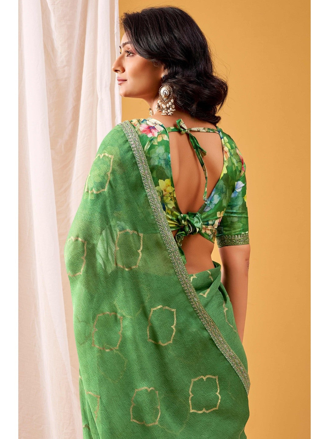 Ethereal Green Foil Printed Chiffon Saree Highlighted By Luxe Sequins Embroidered Border - Image 4