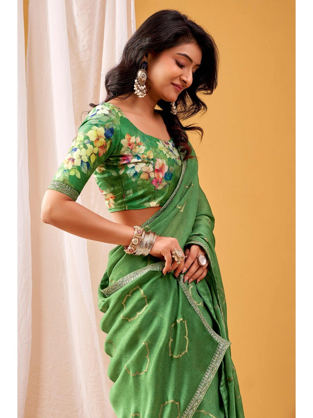 Ethereal Green Foil Printed Chiffon Saree Highlighted By Luxe Sequins Embroidered Border - Image 5