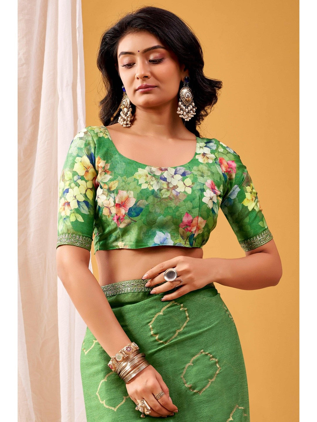 Ethereal Green Foil Printed Chiffon Saree Highlighted By Luxe Sequins Embroidered Border - Image 4