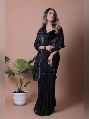 Royal Black Solid Satin Saree Designed for Elegant Party Wear Styling - Image 2