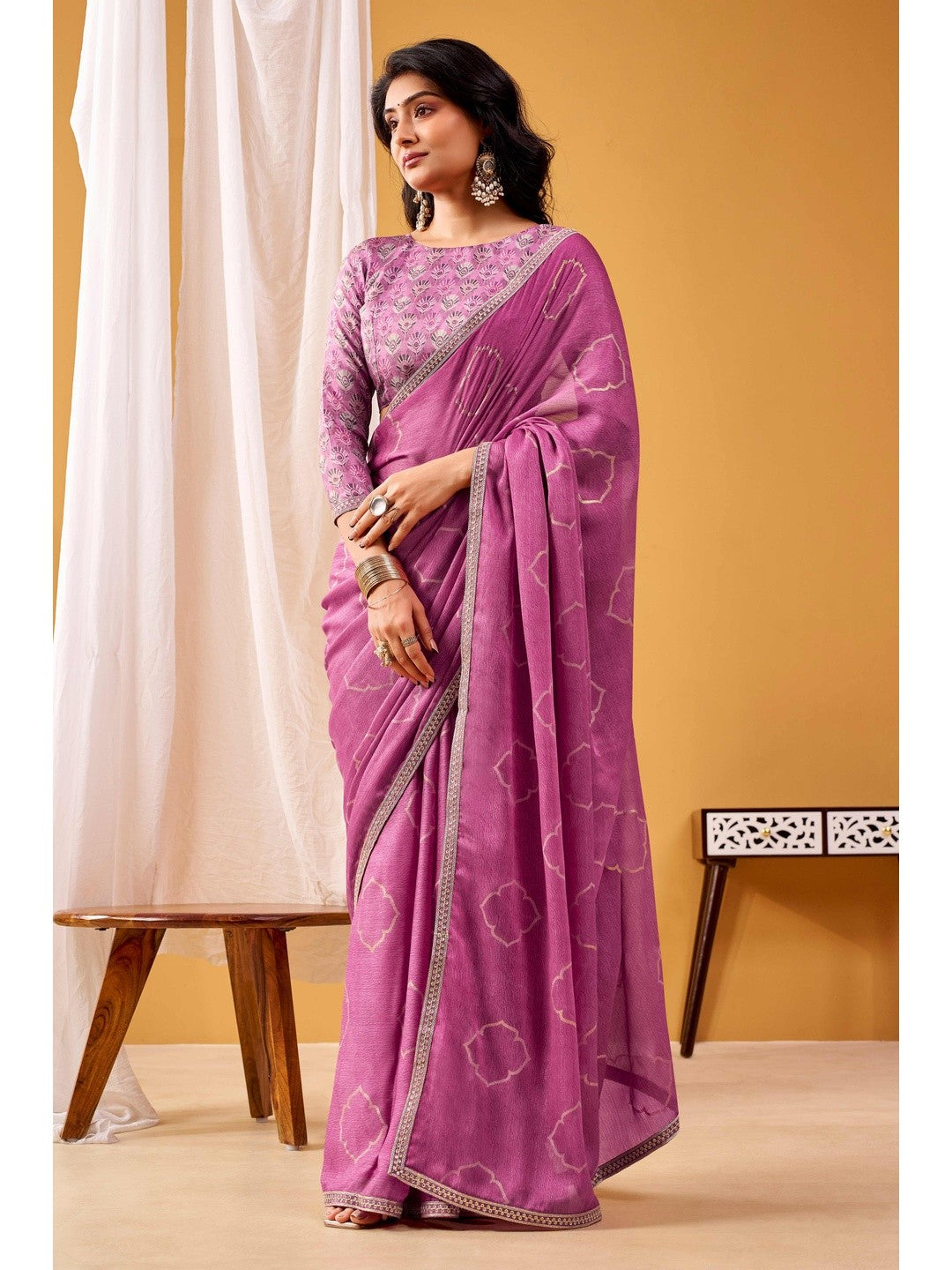 Vibrant Magenta Foil Printed Chiffon Saree Accented With Shimmering Sequins Embroidered Border Work - Image 1