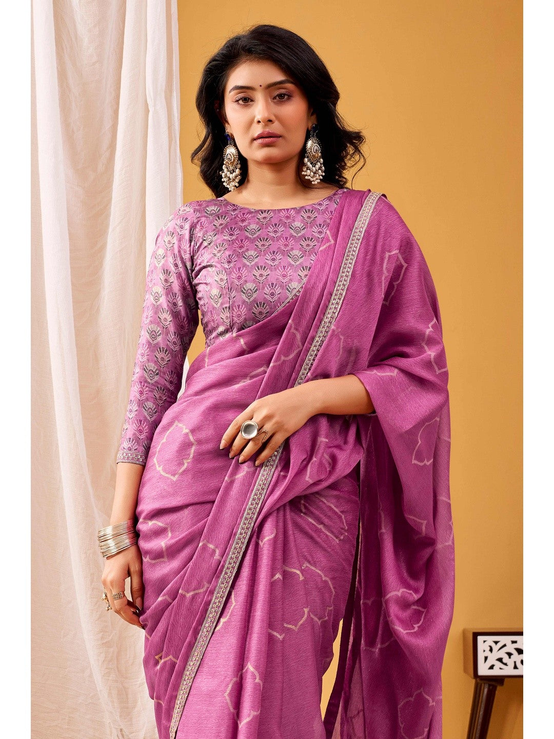 Vibrant Magenta Foil Printed Chiffon Saree Accented With Shimmering Sequins Embroidered Border Work - Image 6