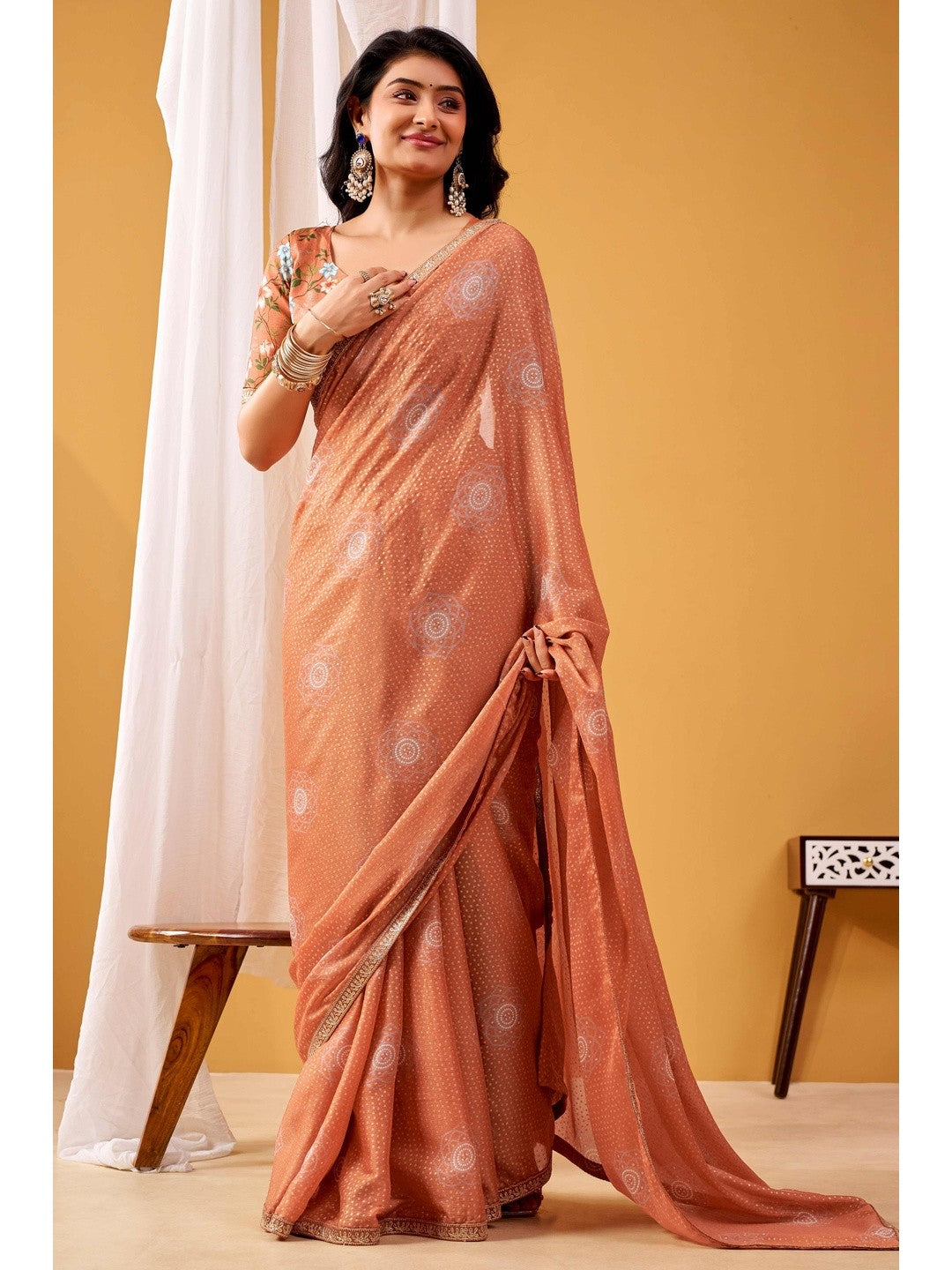 Sophisticated Dusty Peach Bandhani Foil Printed Chiffon Saree With Luxe Sequins Embroidered Border - Image 1