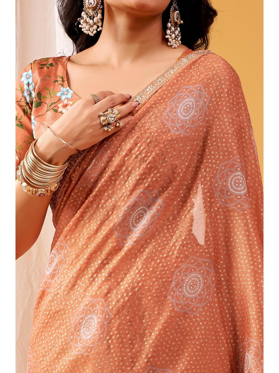 Sophisticated Dusty Peach Bandhani Foil Printed Chiffon Saree With Luxe Sequins Embroidered Border - Image 7