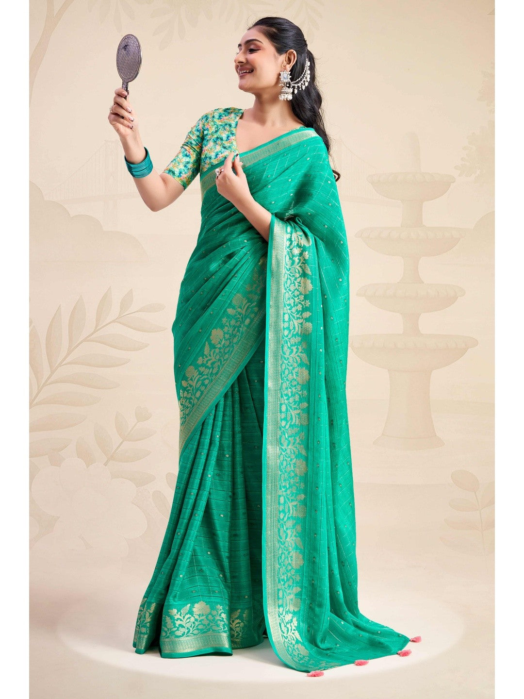Refreshing Rama Green Floral Weaving Chinon Jacquard Saree With Artful Tassel Pallu Accent - Image 5