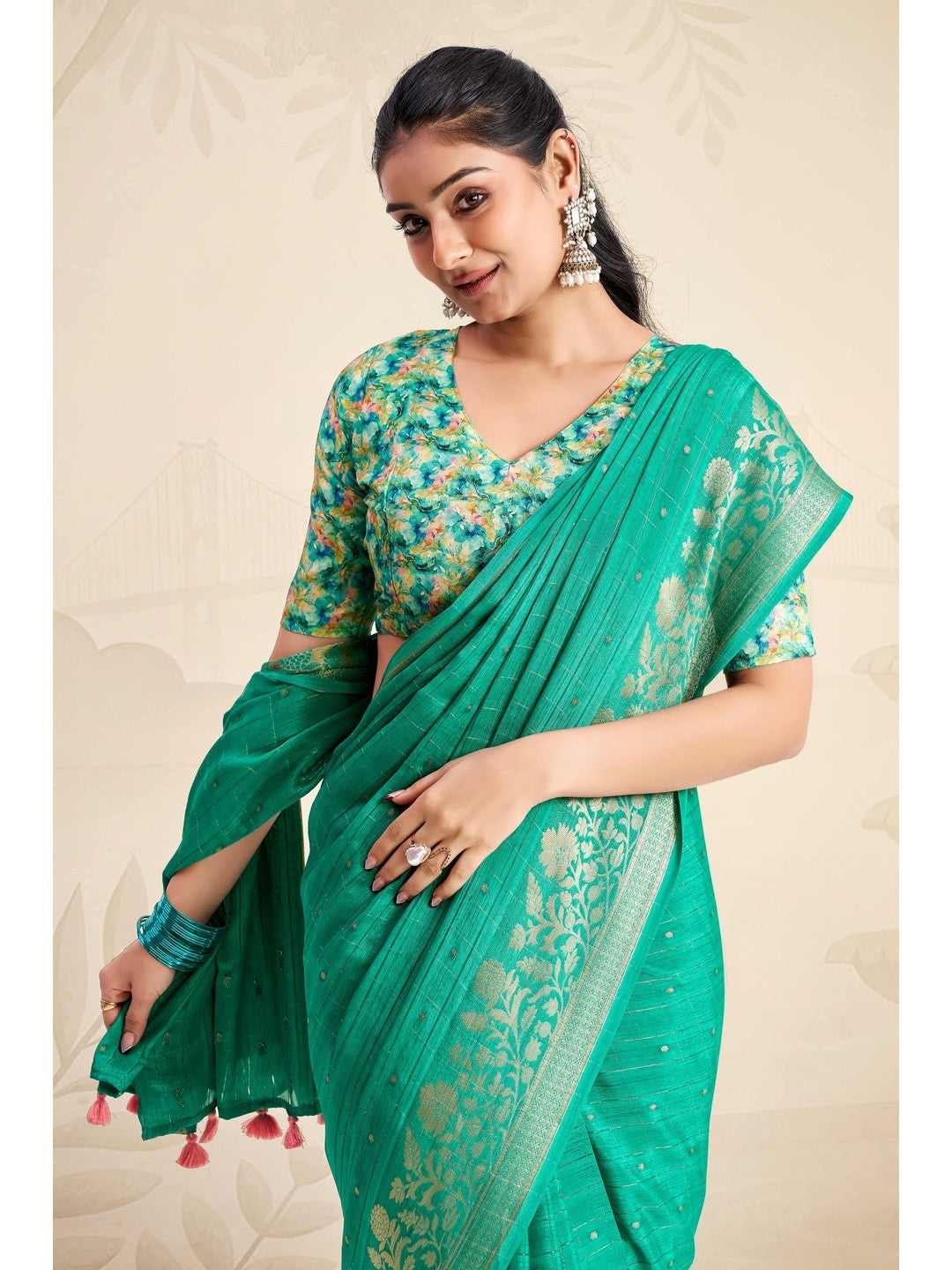 Refreshing Rama Green Floral Weaving Chinon Jacquard Saree With Artful Tassel Pallu Accent - Image 2