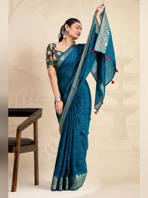 Refreshing Morpich Blue Floral Weaving Chinon Jacquard Saree With Artful Tassel Pallu Accent - Image 1