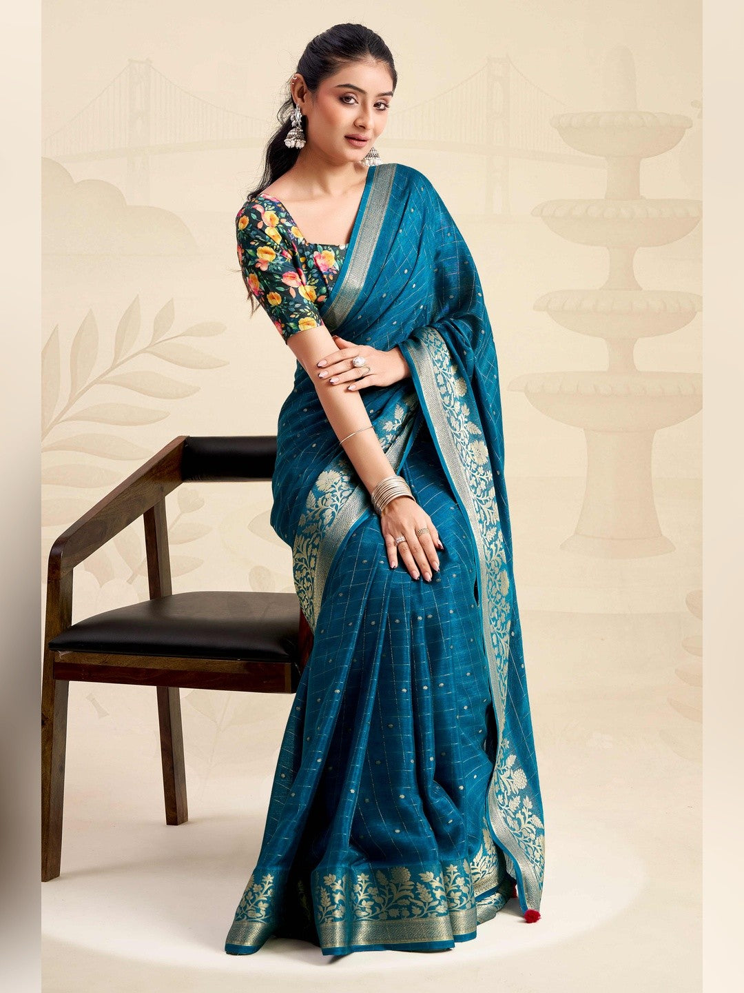 Refreshing Morpich Blue Floral Weaving Chinon Jacquard Saree With Artful Tassel Pallu Accent - Image 5