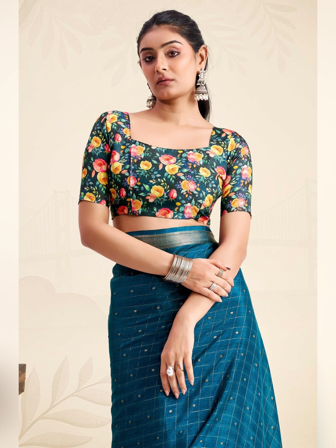 Refreshing Morpich Blue Floral Weaving Chinon Jacquard Saree With Artful Tassel Pallu Accent - Image 3