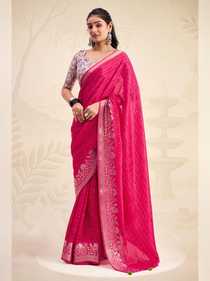 Refreshing Rani Pink Floral Weaving Chinon Jacquard Saree With Artful Tassel Pallu Accent - Image 1
