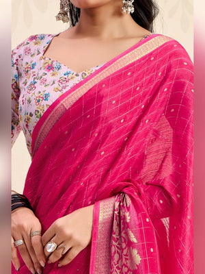 Refreshing Rani Pink Floral Weaving Chinon Jacquard Saree With Artful Tassel Pallu Accent - Image 2