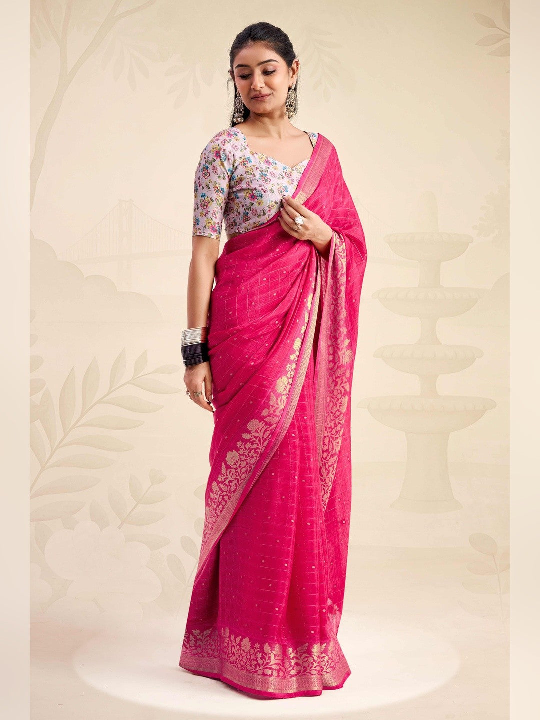 Refreshing Rani Pink Floral Weaving Chinon Jacquard Saree With Artful Tassel Pallu Accent - Image 6