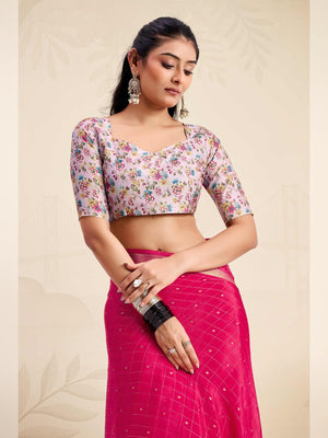 Refreshing Rani Pink Floral Weaving Chinon Jacquard Saree With Artful Tassel Pallu Accent - Image 2