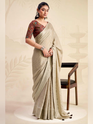 Refreshing Chikoo Floral Weaving Chinon Jacquard Saree With Artful Tassel Pallu Accent - Image 1