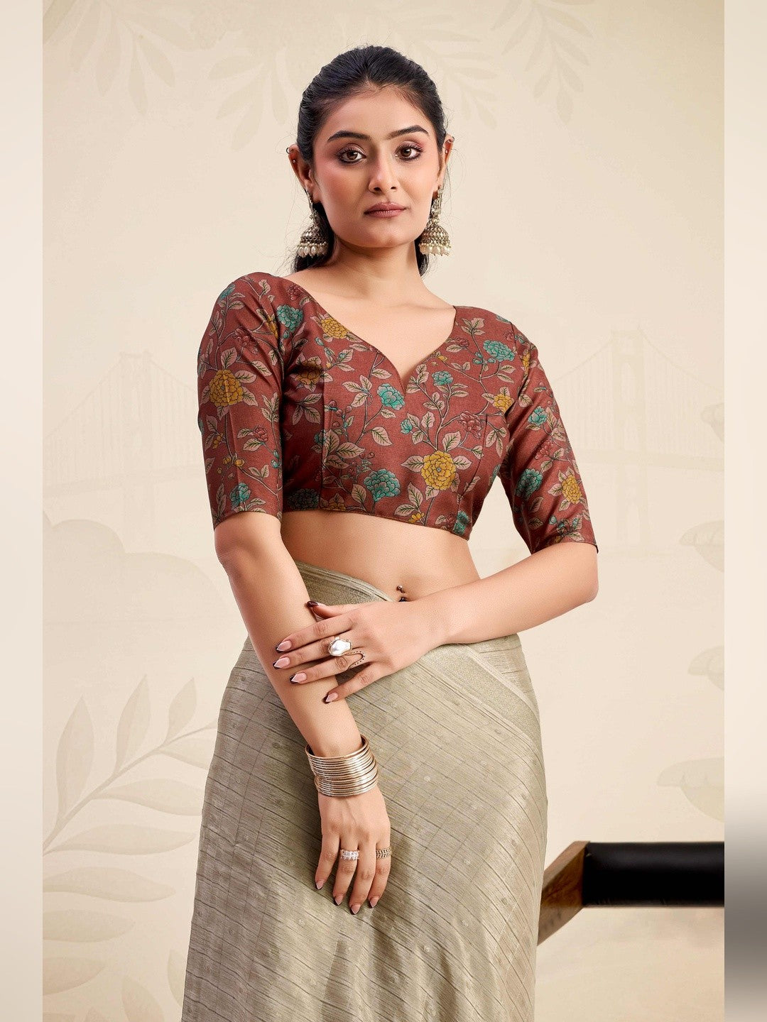 Refreshing Chikoo Floral Weaving Chinon Jacquard Saree With Artful Tassel Pallu Accent - Image 4
