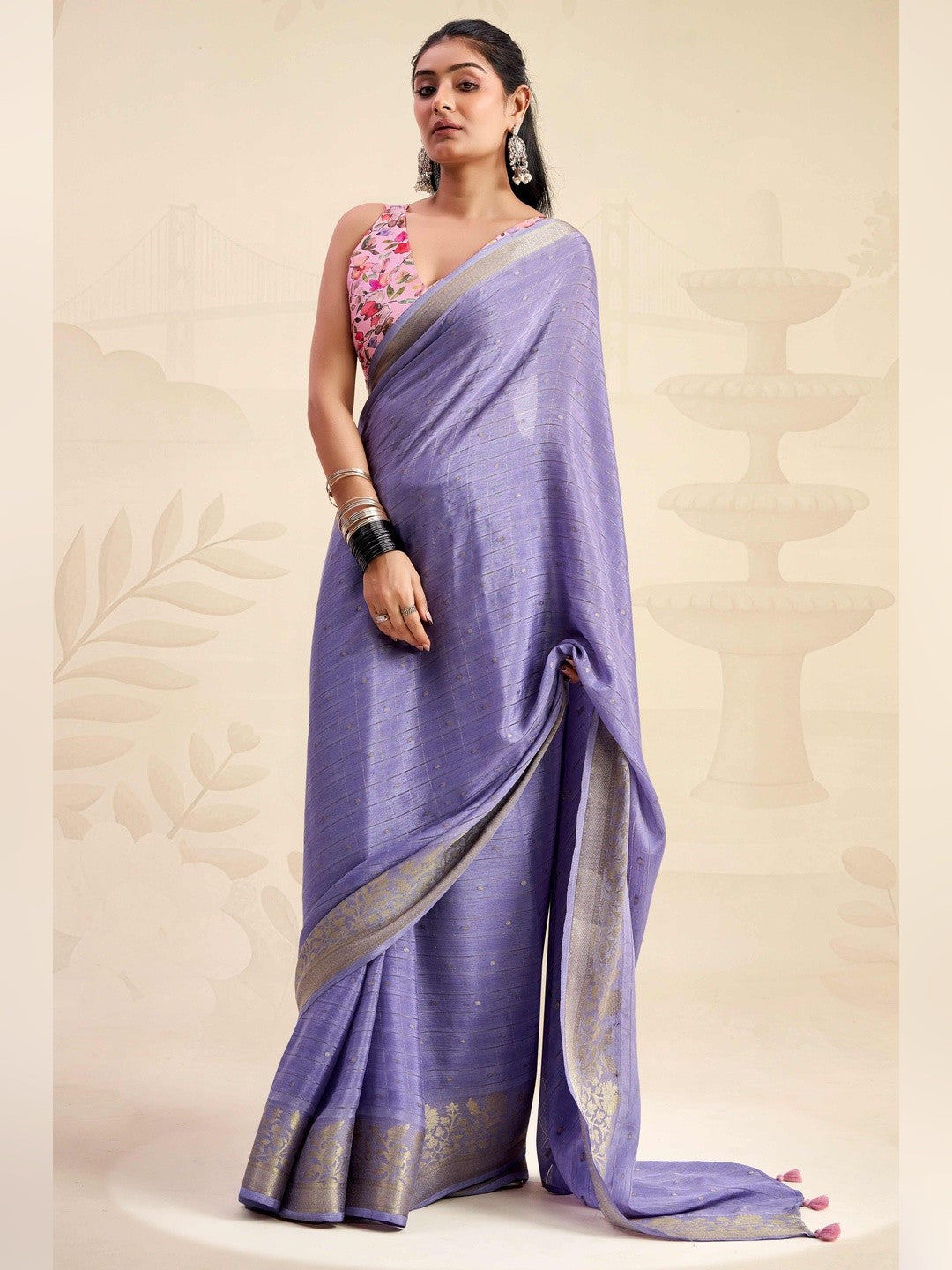 Refreshing Lavender Floral Weaving Chinon Jacquard Saree With Artful Tassel Pallu Accent - Image 1
