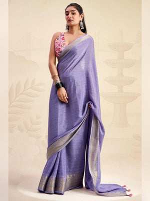 Refreshing Lavender Floral Weaving Chinon Jacquard Saree With Artful Tassel Pallu Accent - Image 1