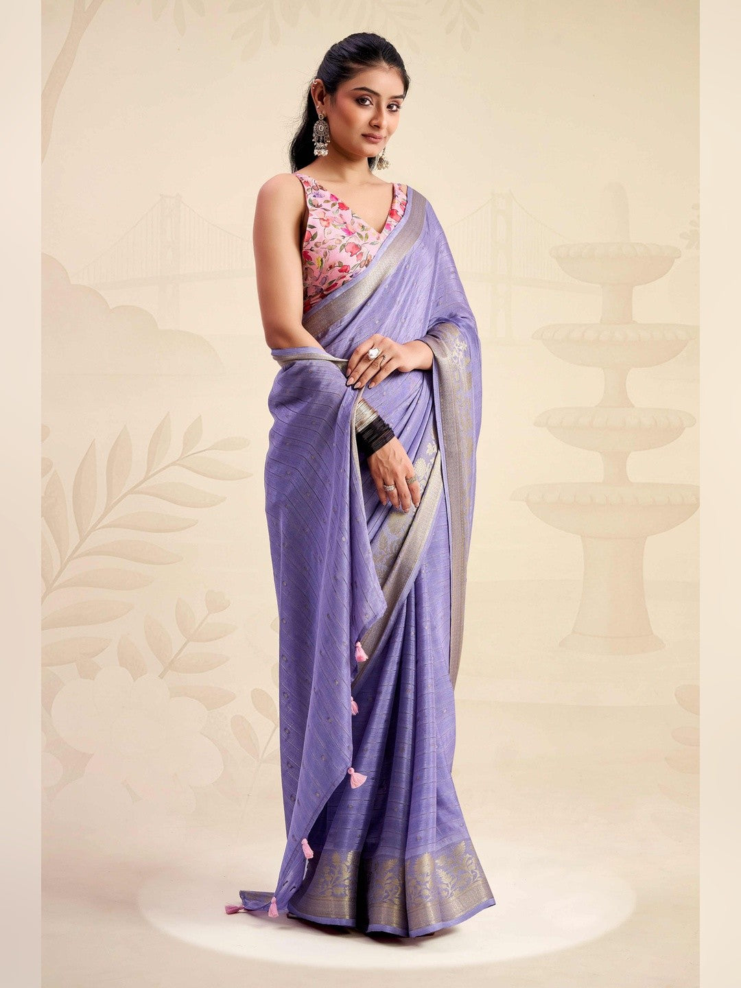 Refreshing Lavender Floral Weaving Chinon Jacquard Saree With Artful Tassel Pallu Accent - Image 3
