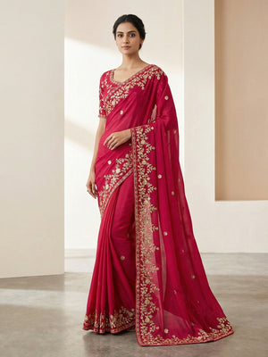 Pink Party Wear Saree in Fandy Satin Fabric with Detailed Thread Embroidery Work - Image 1