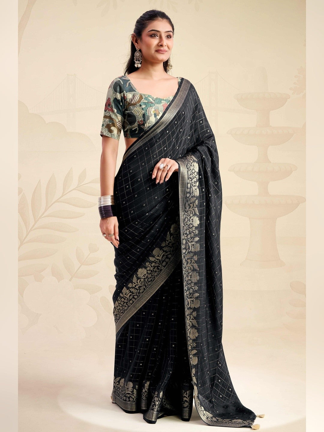 Refreshing Black Floral Weaving Chinon Jacquard Saree With Artful Tassel Pallu Accent - Image 1