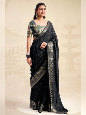 Refreshing Black Floral Weaving Chinon Jacquard Saree With Artful Tassel Pallu Accent - Image 1