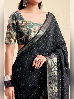 Refreshing Black Floral Weaving Chinon Jacquard Saree With Artful Tassel Pallu Accent - Image 2